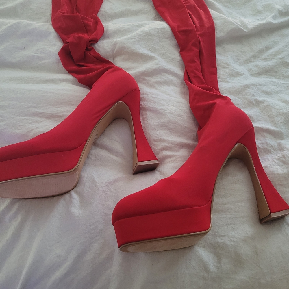 Red Platform Attached Stockings Stiletto Boots